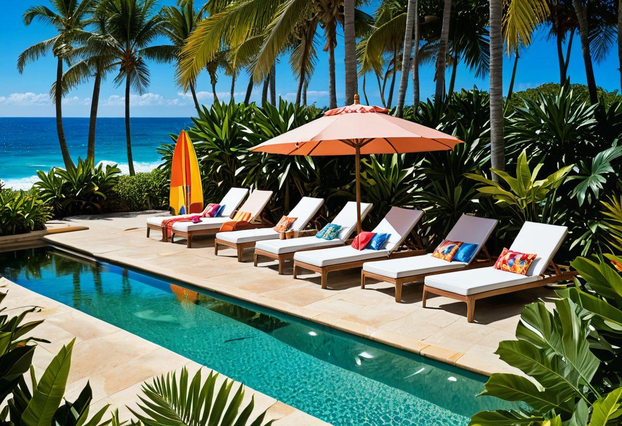 A glamorous poolside scene featuring elegant swimwear displays alongside tropical plants and sun loungers. Transition into a vibrant ocean backdrop with crashing waves, surfboards, and beach umbrellas. Include a diverse group of models showcasing various summer swimwear styles. Bright sunlight casts playful reflections on the water, enhancing the lively atmosphere. tropical, summer vibes, super-realistic, vibrant colors.