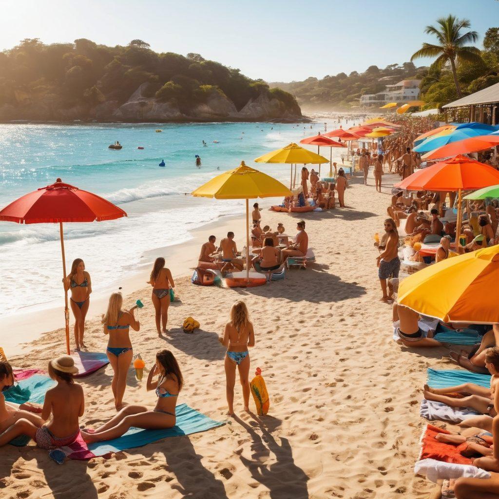 A vibrant beach scene showcasing a diverse group of people wearing trendy bikinis and beachwear, with colorful beach umbrellas and towels scattered on the golden sand. Sunlight glistening on the ocean waves, joyful expressions, and playful activities like beach volleyball and swimming. Include a stylish beach bar in the background serving tropical drinks. super-realistic. vibrant colors. summery atmosphere.